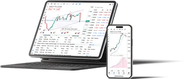 MetaTrader platform interface on mobile and laptop